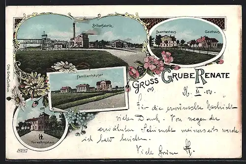 Lithographie Grube Ilse, Grube Renate, Gasthaus und Beamtenhaus, Brikettfabrik, Familienhäuser