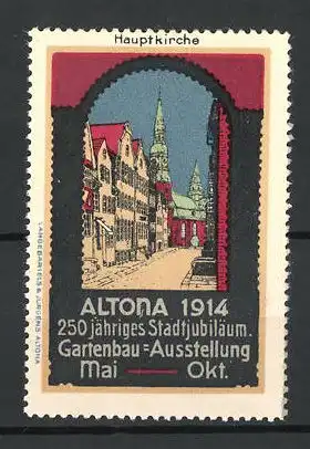 Reklamemarke Altona, Gartenbau-Ausstellung 1914, Strassenansicht mit Hauptkirche