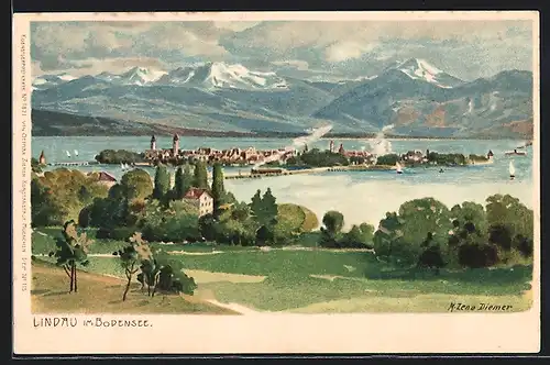 Künstler-AK Zeno Diemer: Lindau / Bodensee, Panoramablick auf Insel und Alpen