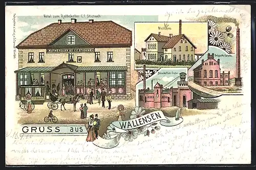 Lithographie Wallensen, Hotel zum Rathskeller, Braunkohlen-Grube, Briquette Fabrik