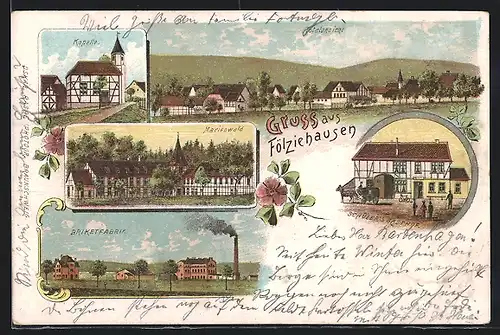 Lithographie Fölziehausen, Schüler`s Gasthof, Briketfabrik und Kapelle