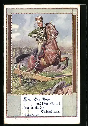 Künstler-AK Kuderna: Steig, edles Ross, und bäume Dich, dort winkt der Eichenkranz, Pferd springt mit Reiter über Zaun