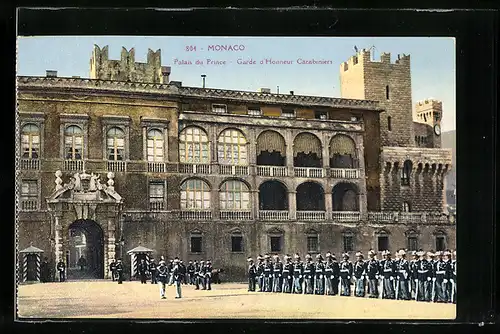 AK Monaco, Palais du Prince, Garde d' honneur Carabiniers, Garde-Soldaten in Formation vor dem Palais