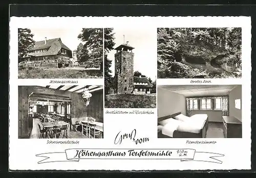 AK Loffenau im Schwarzwald, Höhengasthaus Teufelsmühle, Innenansichten Schwarzwaldstube und Fremdenzimmer