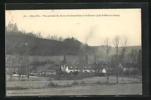 AK St-Marc-sur-Seine, Vue générale des Usines de Chenecières et le Château