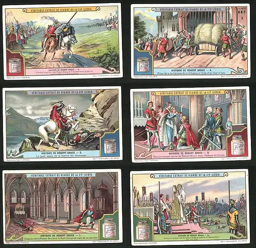 6 Sammelbilder Liebig, Serie Nr.: 1160, Histoire de Robert Bruce, Ritter, Kopflos Reiter, Bischoff