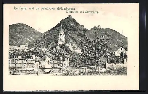 AK Bornhofen, Ortspartie mit Burgen Liebenstein und Sterrenberg