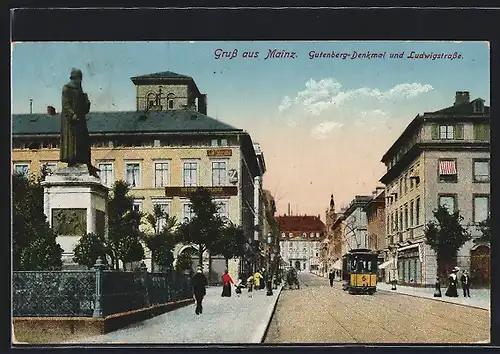 AK Mainz, Gutenberg-Denkmal und Ludwigstrasse mit Strassenbahn