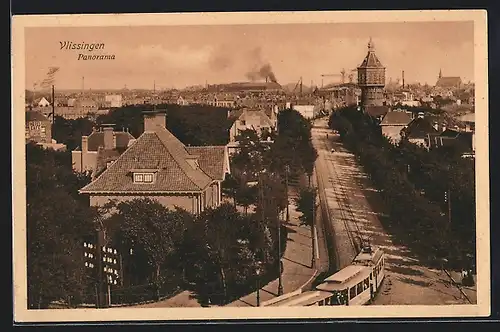 AK Vlissingen, Panorama aus der Vogelschau mit Strassenbahn