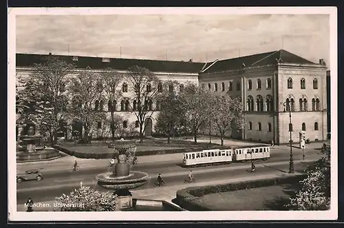 AK München, Universität mit Brunnen und Strassenbahn