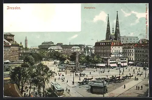 AK Dresden, Postplatz mit Strassenbahnen