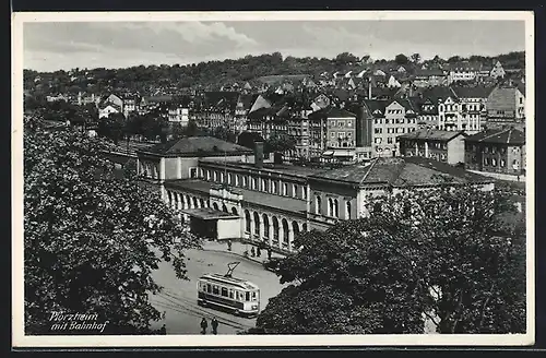 AK Pforzheim, Teilansicht mit Bahnhof und Strassenbahn