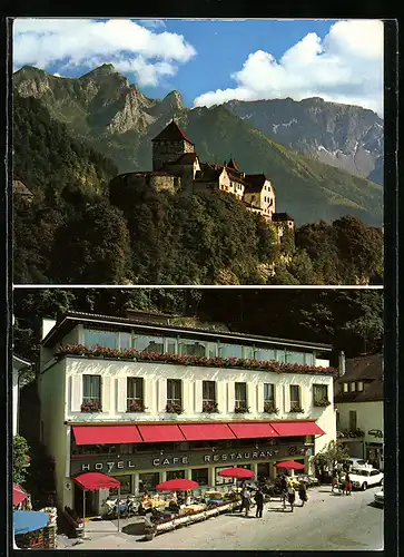 AK Vaduz /Liechtenstein, Hotel Cafe Restaurant Real, Blick zur Burg