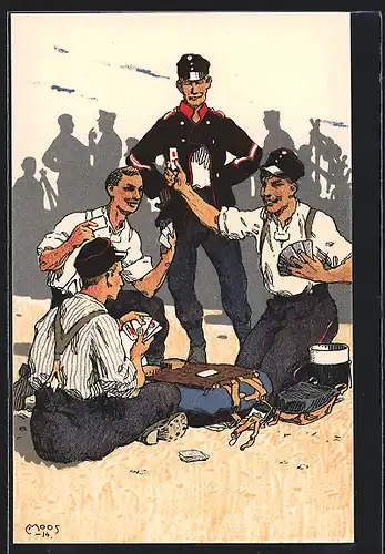 Künstler-Lithographie Carl Moos: Schweizer Soldaten in Uniformen mit Kartenspiel, Grenzbesetzung 1914