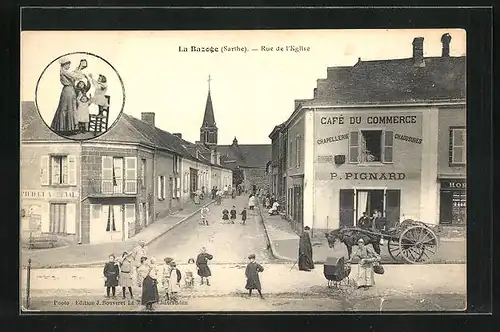 AK La Bazoge, Rue de l`Eglise, Café du Commerce