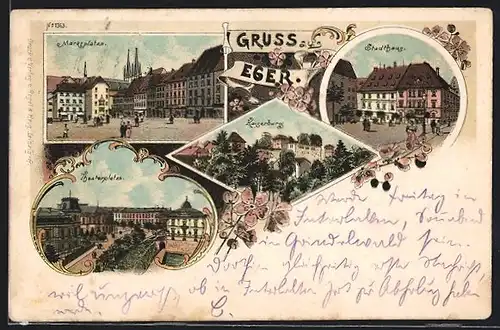 Lithographie Eger, Marktplatz, Theaterplatz und Kaiserburg