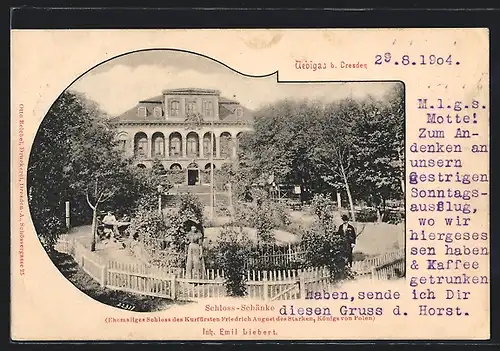 AK Uebigau b. Dresden, Gasthaus Schloss-Schänke, Ehemaliges Schloss des Kurfürsten Friedrich August des Starken