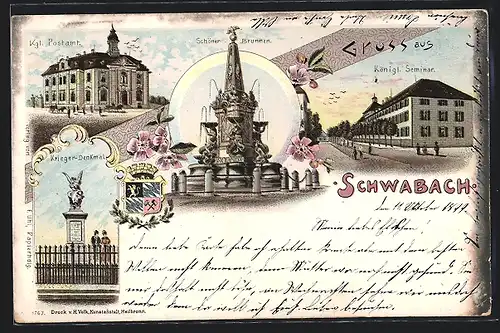 Lithographie Schwabach, Kgl. Postamt, Schöner Brunnen, Königl. Seminar, Krieger-Denkmal