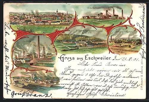 Lithographie Eschweiler, Grube Eschweiler Reserve, Eisenwalzwerk Lynen & Cie, Pümpchen, Kohlebergbau