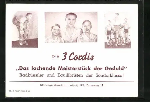 AK Die 3 Cordis - Radkünstler und Equilibristen der Sonderklasse!, Leipzig, Turmweg 14