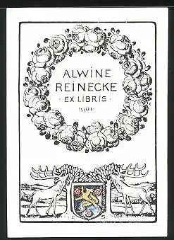 Exlibris Alwine Reinecke, Hirsche flankieren Wappen, Rosenkranz