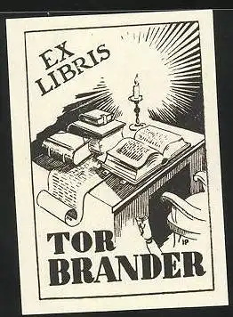 Exlibris von Bolaffio für Tor Brander, Bücher & Dokument auf einem Schreibtisch