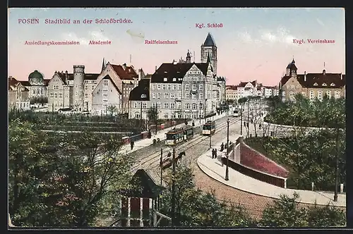 AK Posen, Strassenbahnen auf der Schlossbrücke