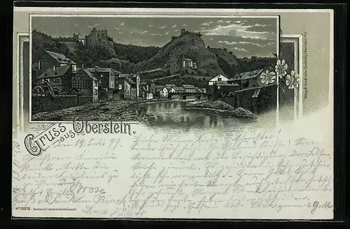 Lithographie Oberstein, Teilansicht mit Fluss und Burgruinen