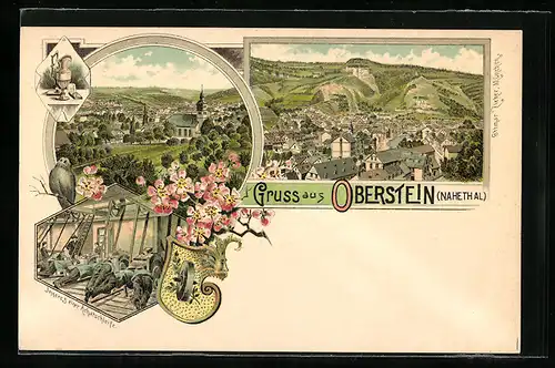 Lithographie Oberstein /Nahethal, Teilansicht, Kirche, Inneres der Achatschleiferei