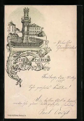 Vorläufer-Lithographie Freiberg i. S., 1888, Darstellung vom Schwedendenkmal