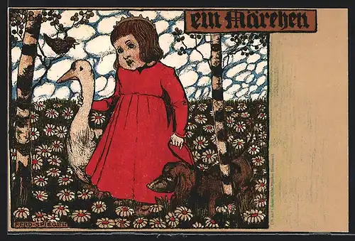 Künstler-AK Ferdinand Spiegel: Ein Märchen, Mädchen mit Gans und Hund