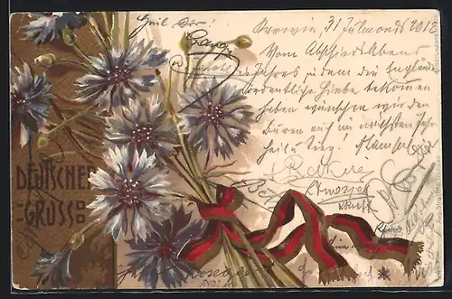 Lithographie Deutscher Gruss, Kornblumen mit goldenem Band