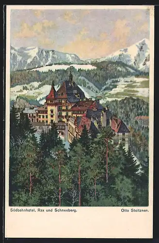 Künstler-AK Semmering, Südbahnhotel, Rax und Schneeberg