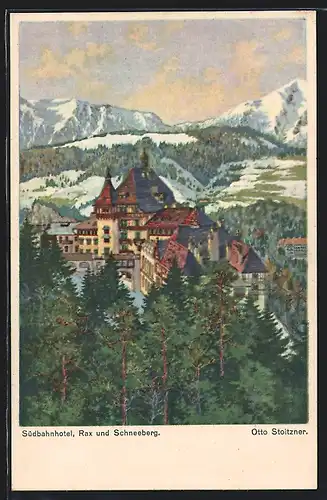 Künstler-AK Semmering, Südbahnhotel, Rax und Schneeberg