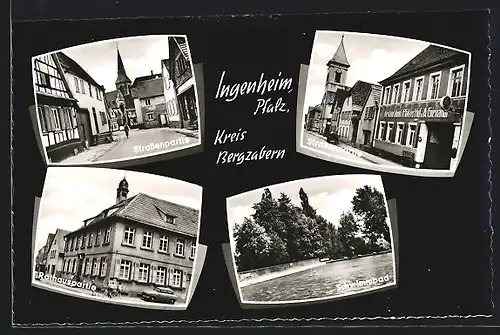 AK Ingenheim / Pfalz, Restaurant Pfälzer Hof, Strassenpartie, Rathaus, Schwimmbad