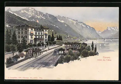 Lithographie Clarens, Hôtel des Crêtes, Panorama