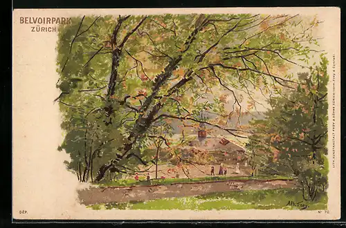 Lithographie Zürich, Belvoirpark im Frühherbst