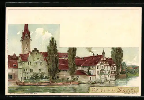 Lithographie Stein a. R., Gebäudepartie am Ufer