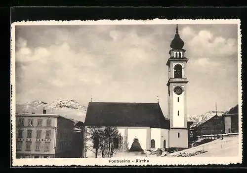 AK Pontresina, Kirche und Hotel Sabatz im Winter