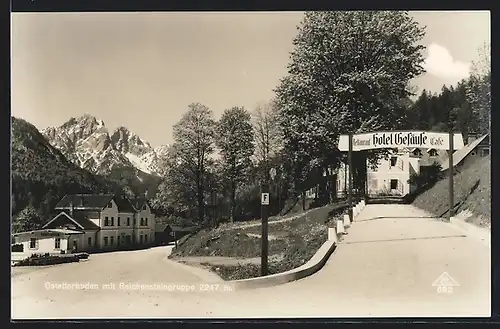 AK Gstatterboden, Bahnhof und Hotel Gesäuse, Reichensteinergruppe