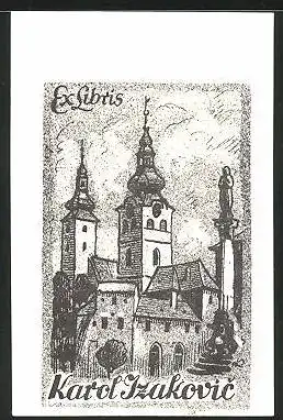 Exlibris Karol Jzukovic, Kirche mit Denkmal