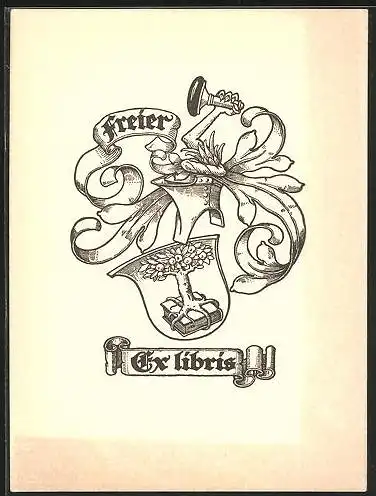 Exlibris Freier, Ritterhelm, Wappen, Baum mit Buch