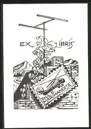 Exlibris Paul E. Marchandise, Antenne und Briefmarke mit Helikopter