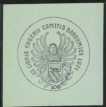 Exlibris Eugenii Comitis Bondumier Lupi, Wappen mit Löwe und Eichenlaub