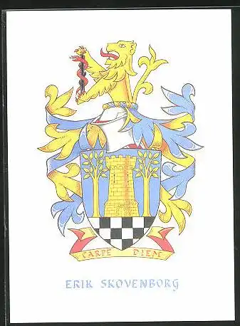 Exlibris Erik Skovenborg, Wappen mit Burgturm und Greif