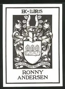 Exlibris Ronny Andersen, Wappen mit Ritterhelm und Holzstamm