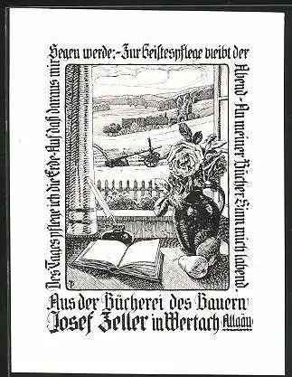 Exlibris Josef Zeller, Fensterausblick mit Buch und Vase