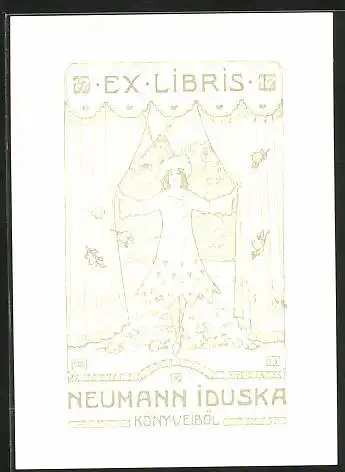 Exlibris Neumann Iduska, Schöne Frau öffnet Vorhang