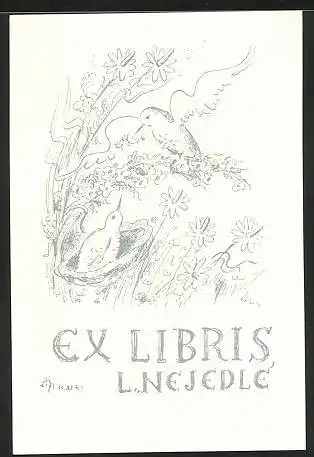 Exlibris L. Nejedle, Vögel beim Nestbauen