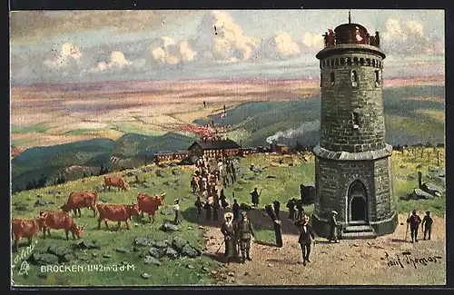 Künstler-AK Brocken, Weiderinder vor Aussichtsturm